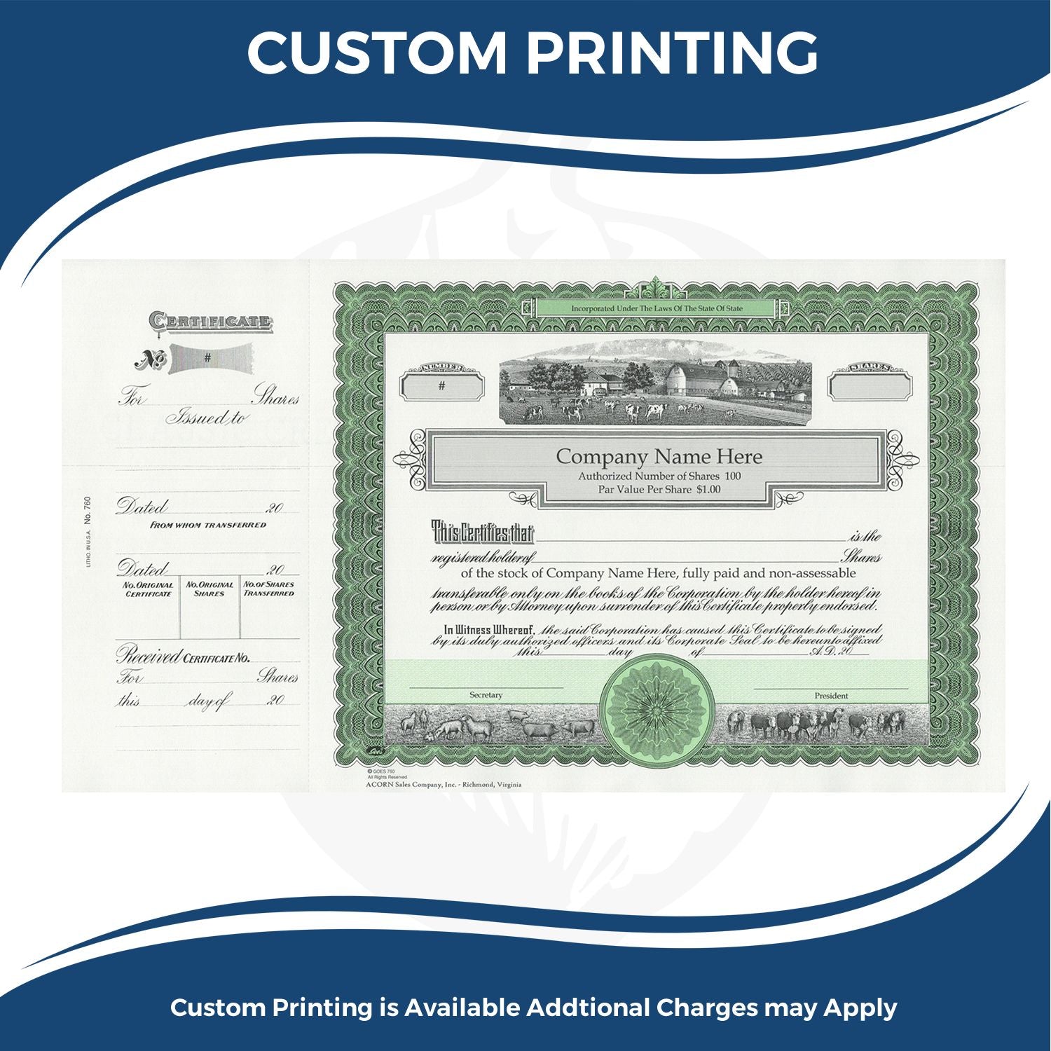 Custom printing promotional image featuring a corporate stock/share certificate document for custom certificate printing services.