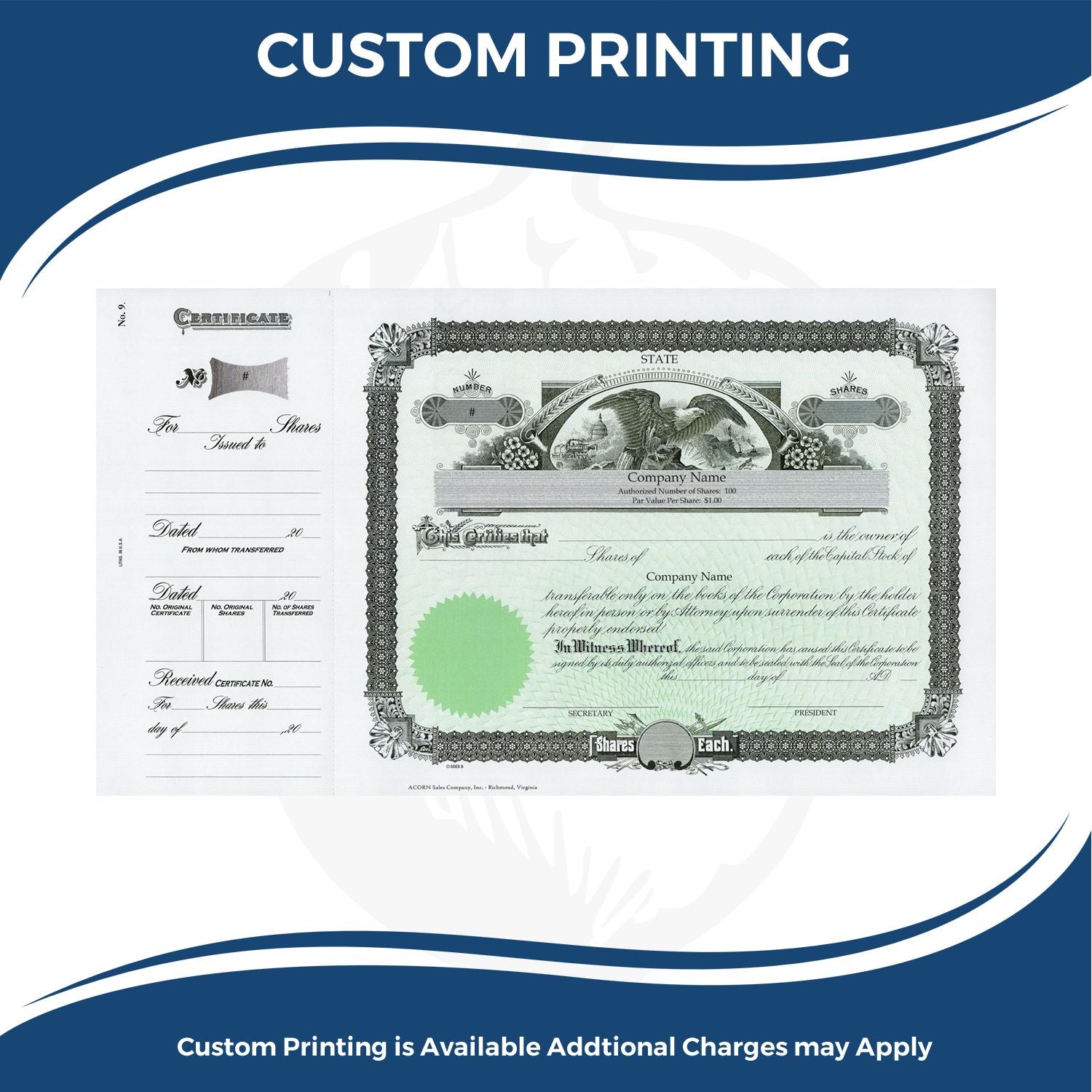Custom printing banner with corporate stock certificate template for share issuance, certificate printing and document design.