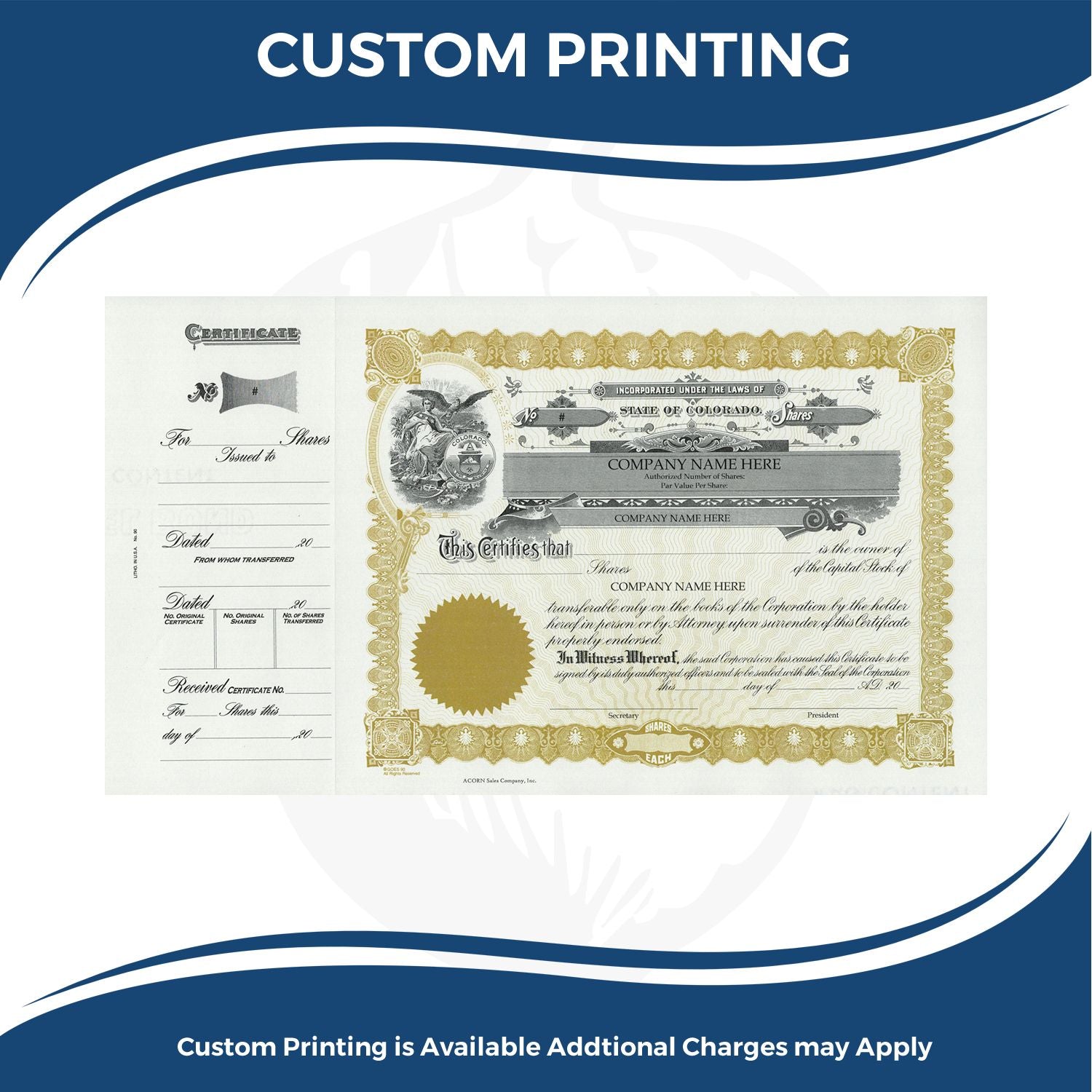 Custom printing service banner showing an ornate stock/share certificate for corporate documents and custom-printed certificates