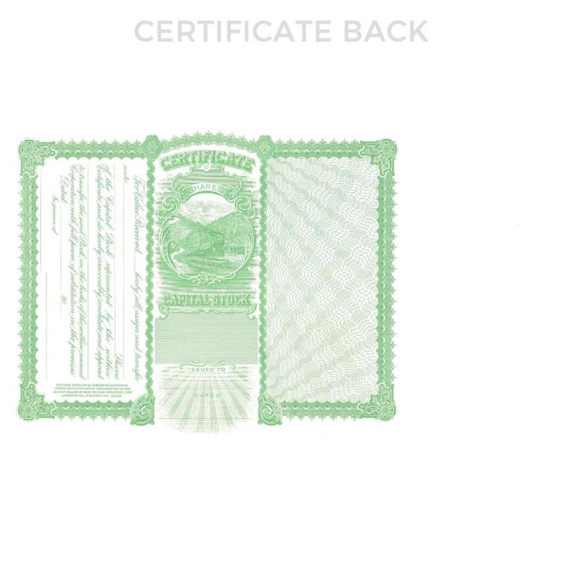 Green certificate back design with security pattern and CERTIFICATE BACK label for document verification and branding.