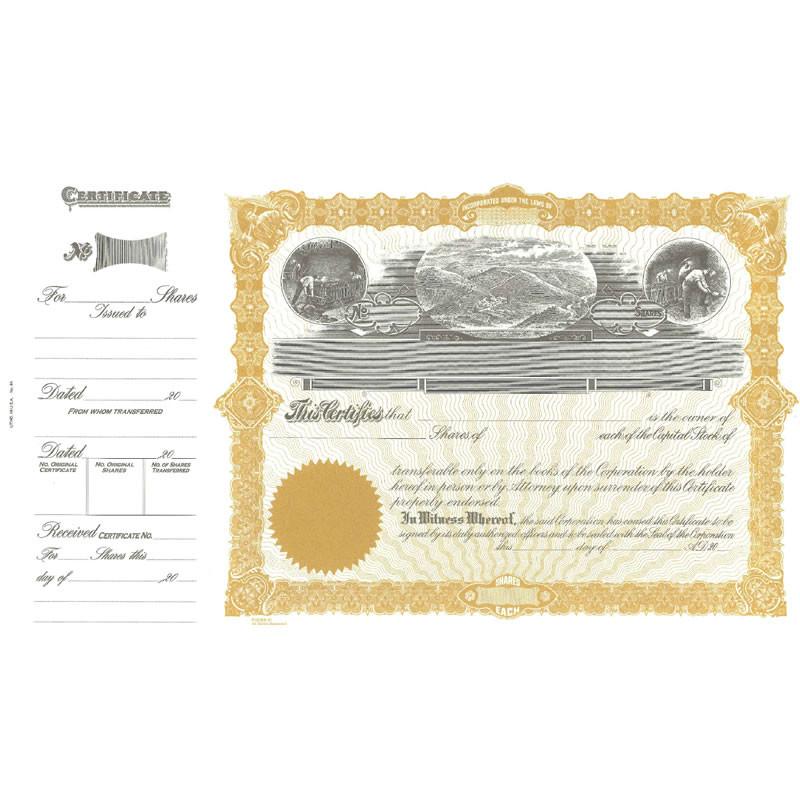 Gold-and-white stock share certificate with embossed seal and share transfer details for verifying ownership and trading.