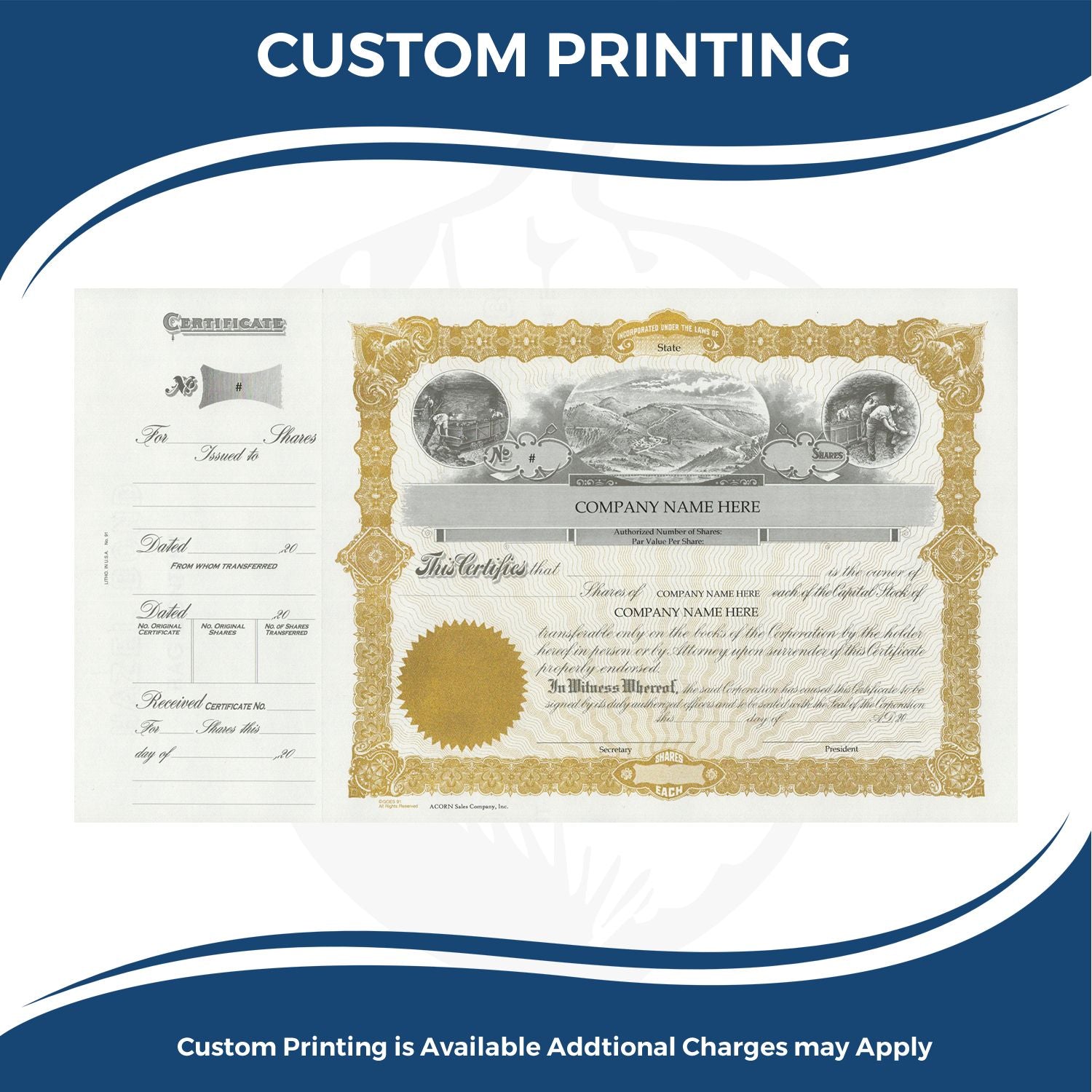 Custom printing certificate template with gold border and share details for company stock share certificates.
