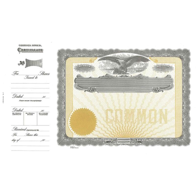 Vintage common stock certificate showing shares and each, with eagle and ornamental border for corporate ownership document purpose.