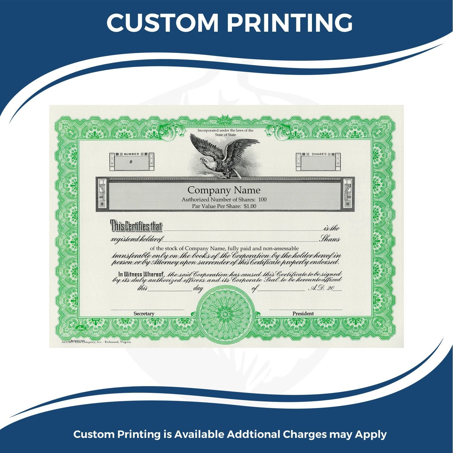 Custom printing service showcasing a green stock certificate design with company name, authorized shares, and share certificate details