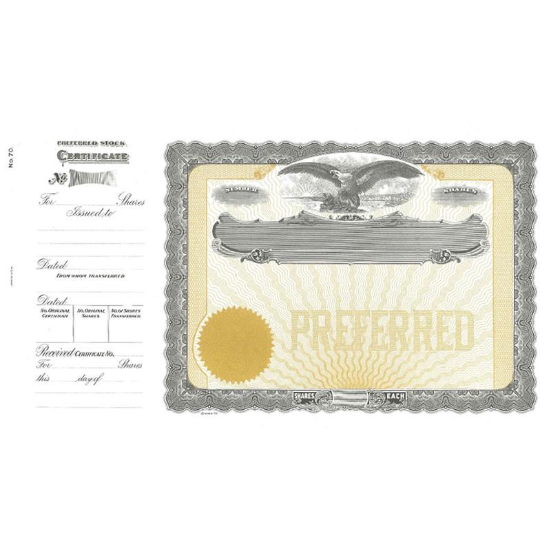 Vintage US preferred stock certificate with eagle seal and shares denomination, collectible investment document.