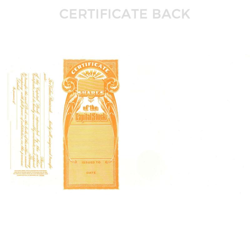 Back of stock certificate reading Shares of the Capital Stock, issued to holder, showing date and certificate details.