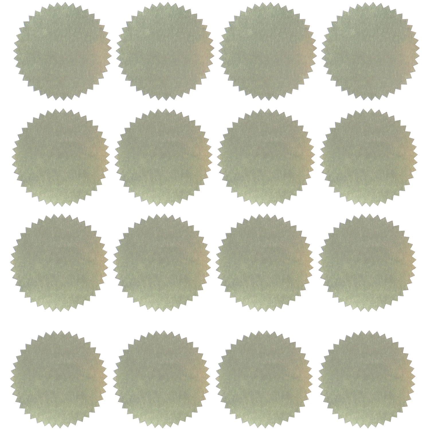 Set of 16 blank light green scalloped round stickers on a white background.