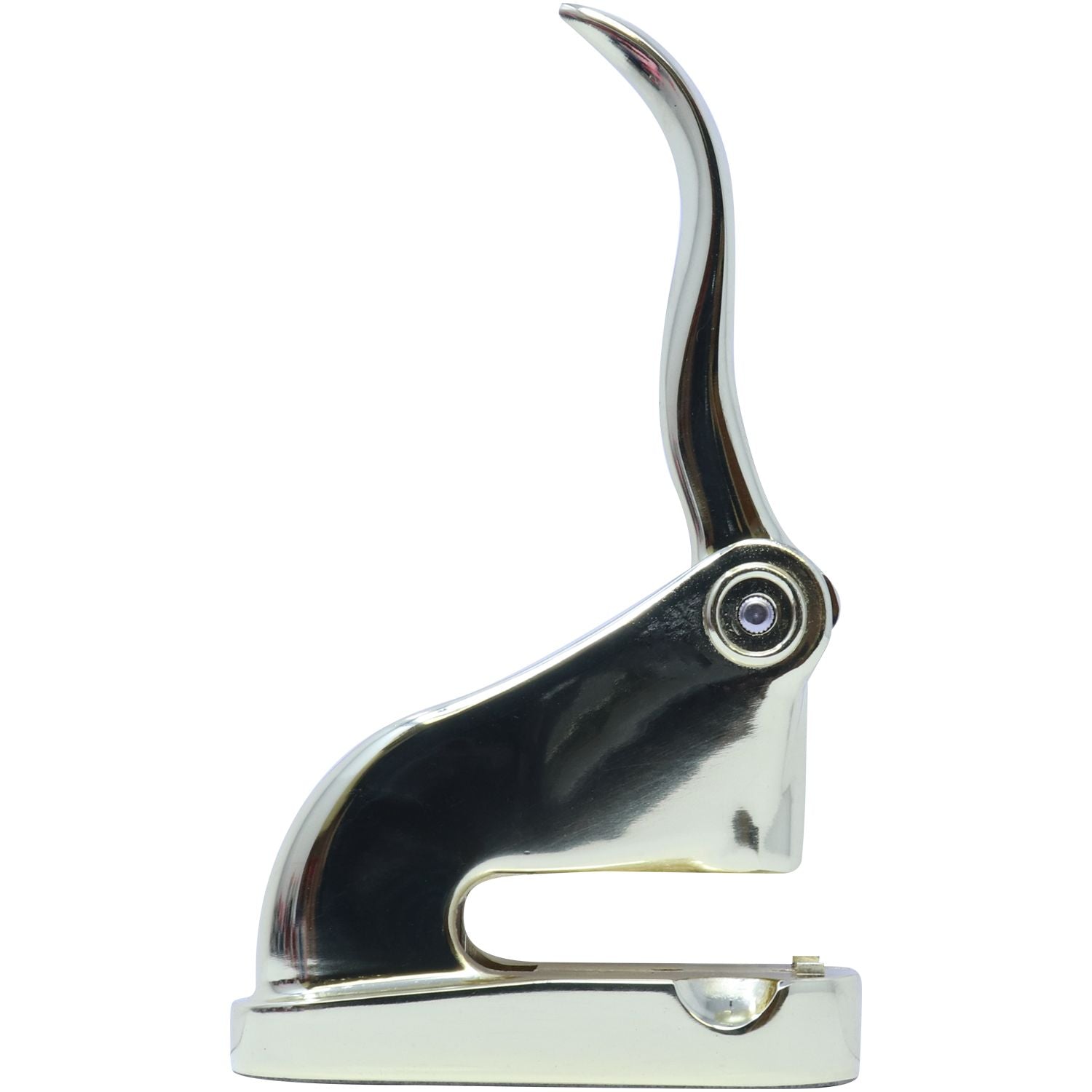 Chrome metal bottle opener with curved handle, isolated on a white background
