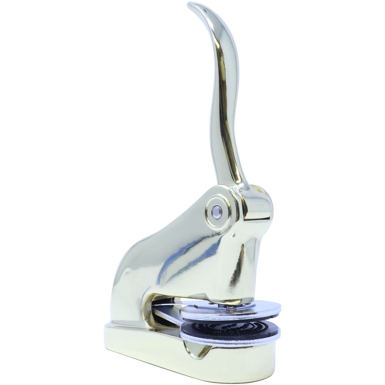 Chrome manual citrus juicer press with lever handle on white background