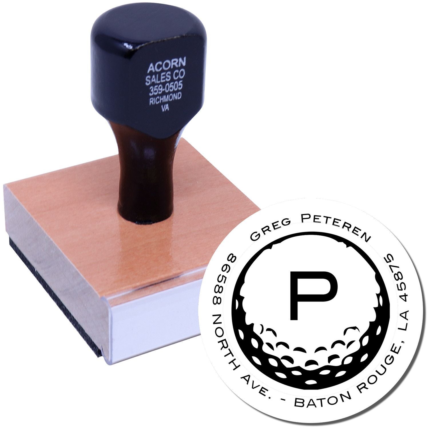 Custom rubber stamp with personalized address seal and monogram for business stationery and mailings.
