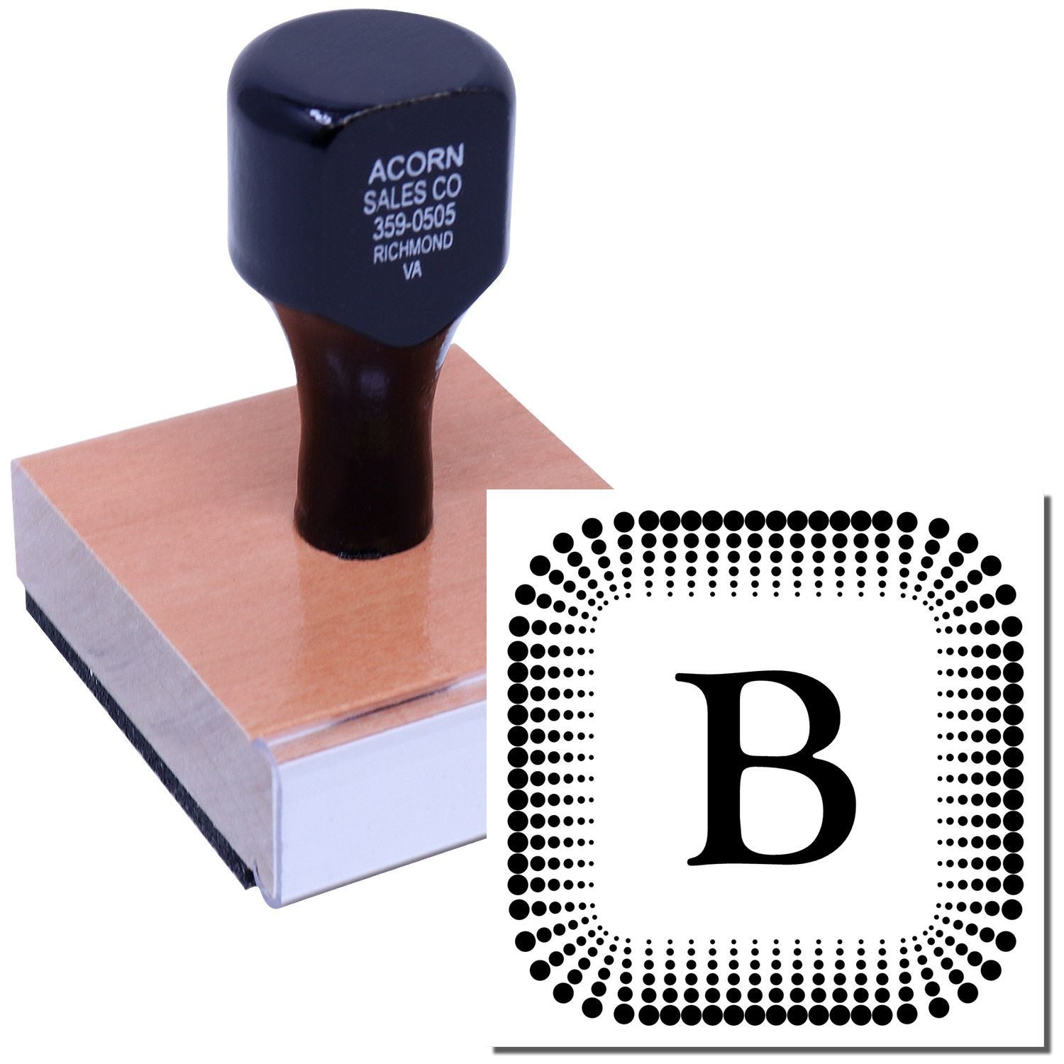 Custom rubber stamp with decorative B monogram for business branding, return addresses, and mailing.