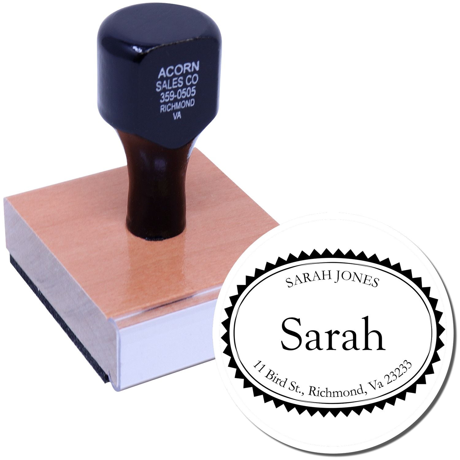 Custom wood handle address rubber stamp for envelopes, featuring personalized name and return address.