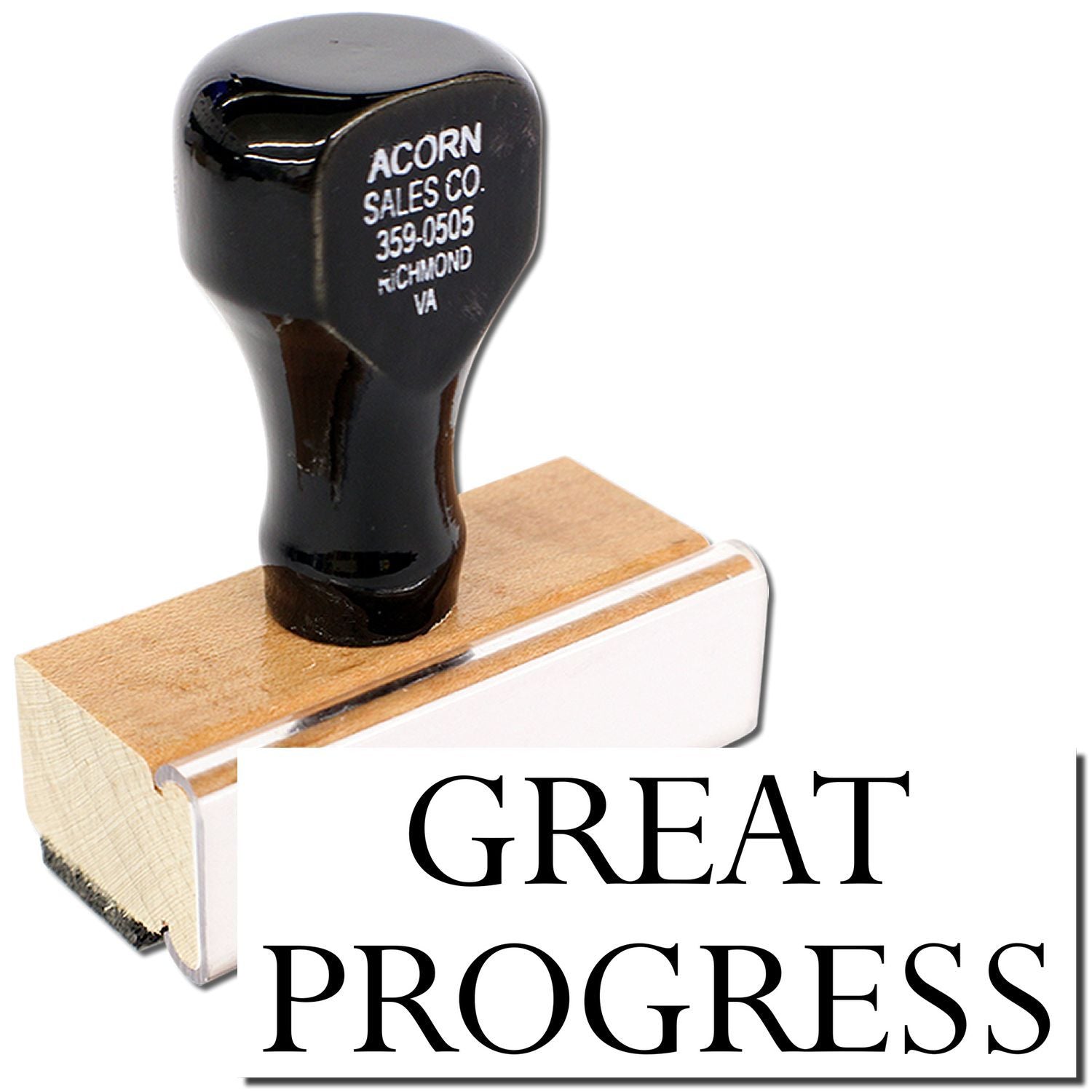 Acorn Sales Co. black stamp on wooden block reading GREAT PROGRESS, motivational business branding message for sales marketing.