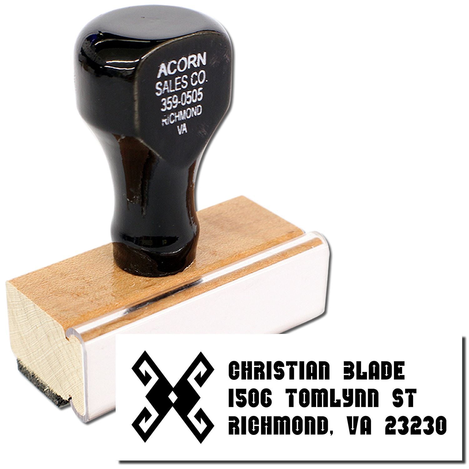 Custom rubber address stamp for Christian Blade with logo and Richmond, VA mailing address