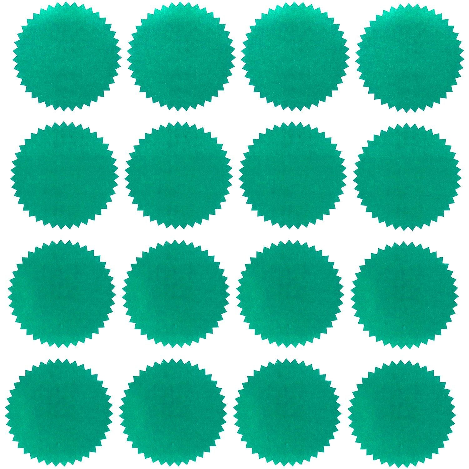 Set of 16 teal scalloped circle labels or stickers arranged in a grid on a white background