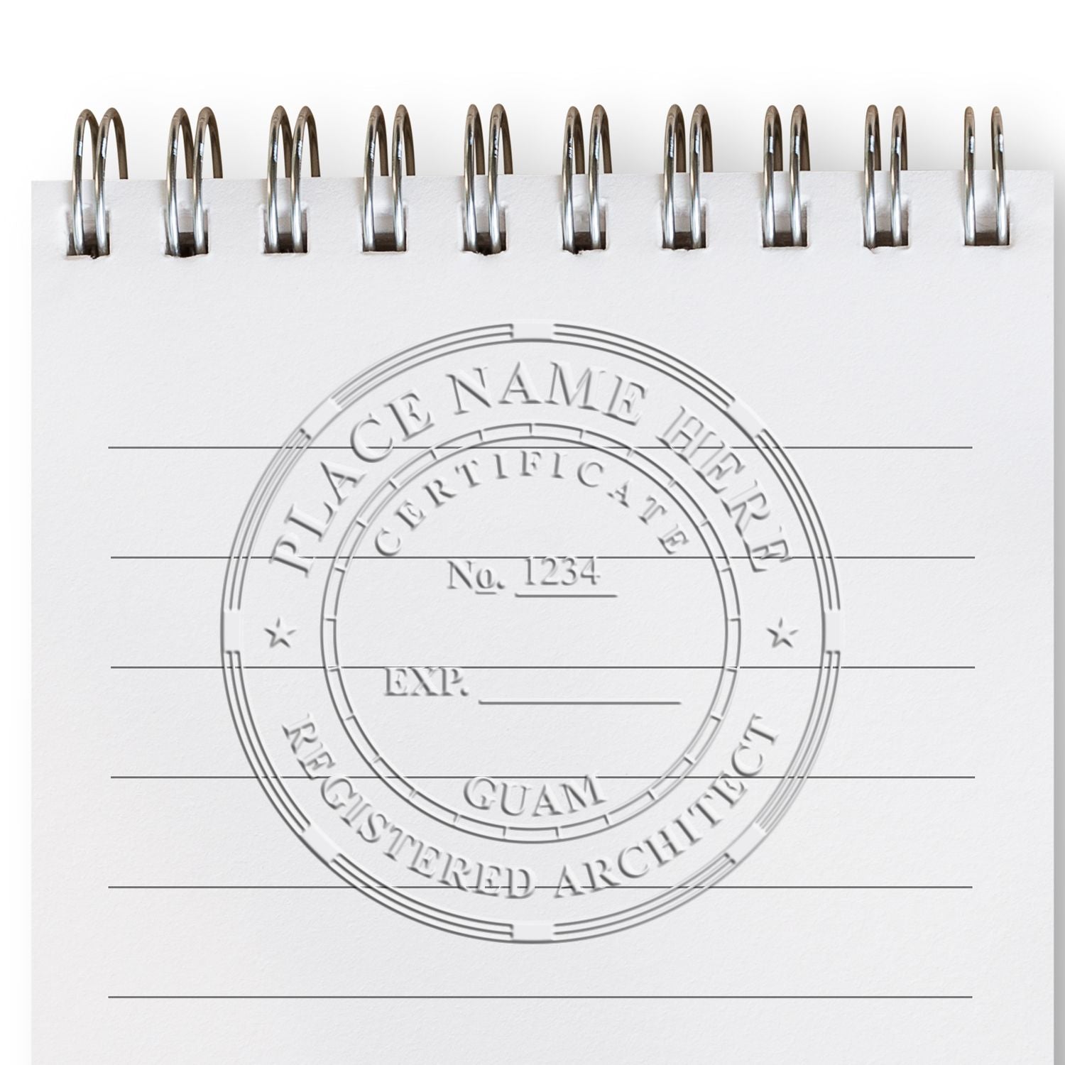 Spiral-bound notepad page with embossed registered architect certificate seal template, placeholder text, and Guam stamp design.