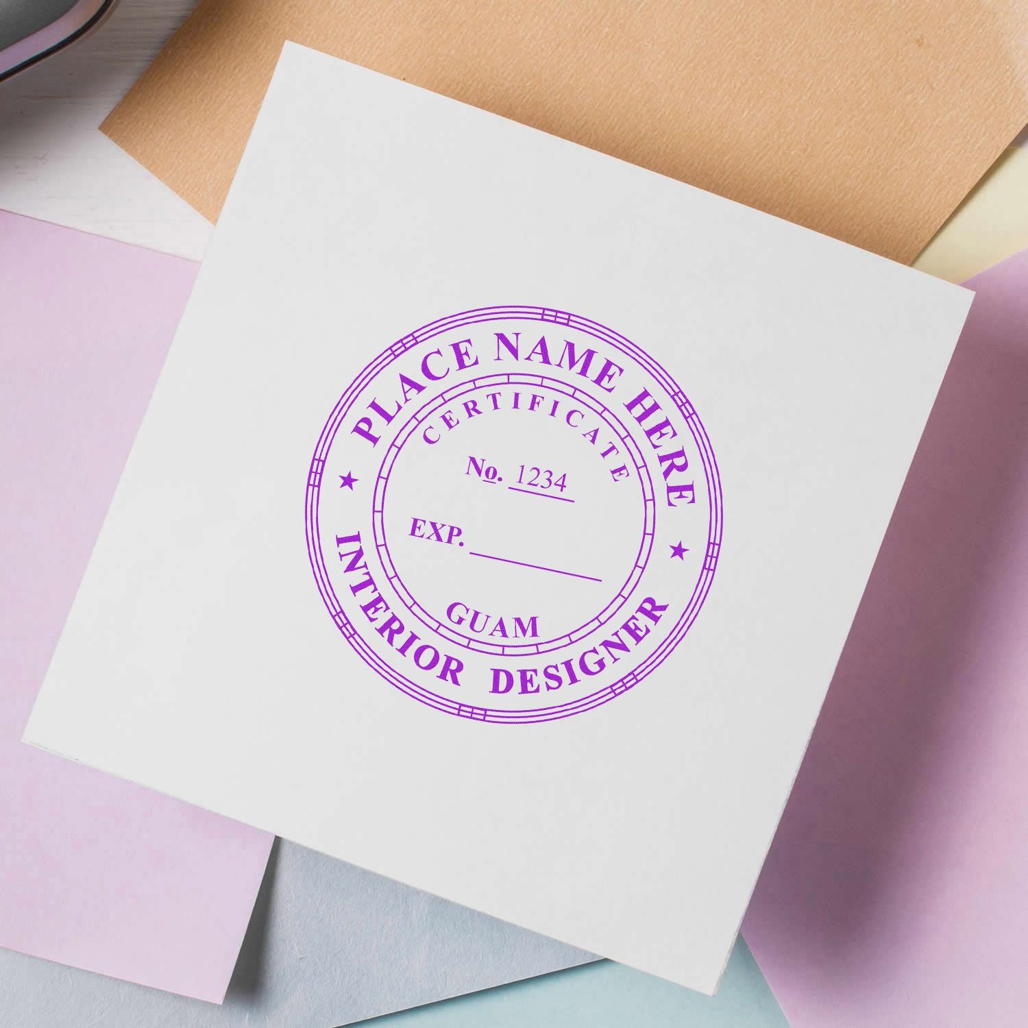 Blank interior designer certificate stamp on white paper with pastel background, customizable placeholder seal design.
