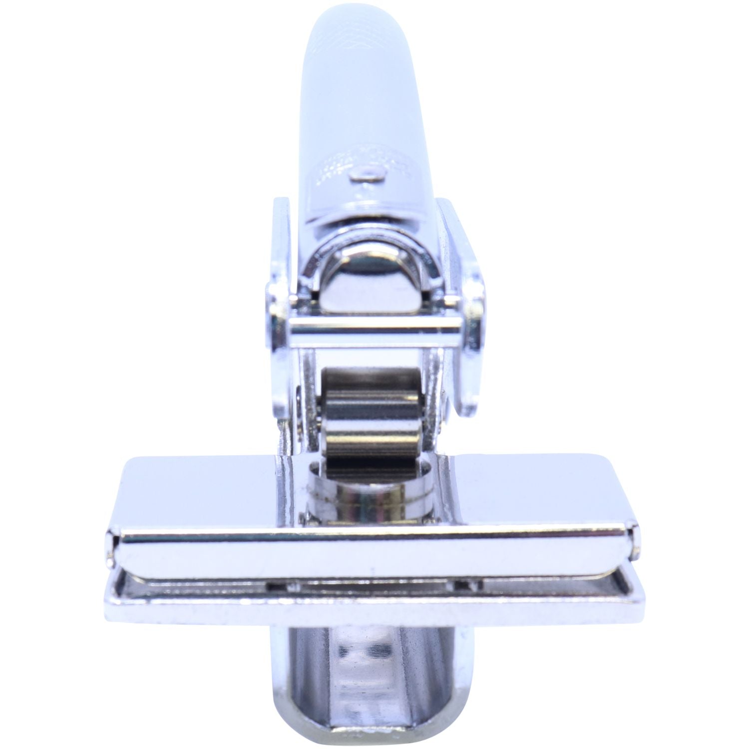 Close-up of a stainless steel nail clipper isolated on a white background.