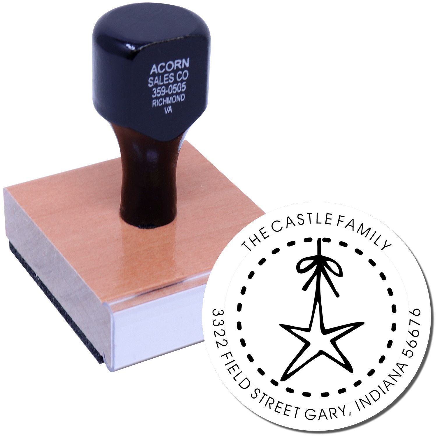 Custom rubber stamp for return address and family monogram, with personalized name, street address, city and state.