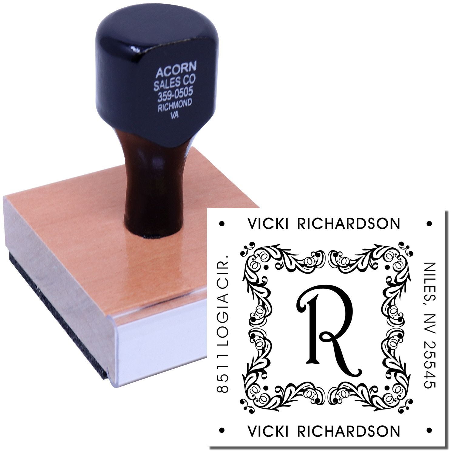Personalized rubber return address stamp with monogram and custom Vicki Richardson design for envelopes and stationery.