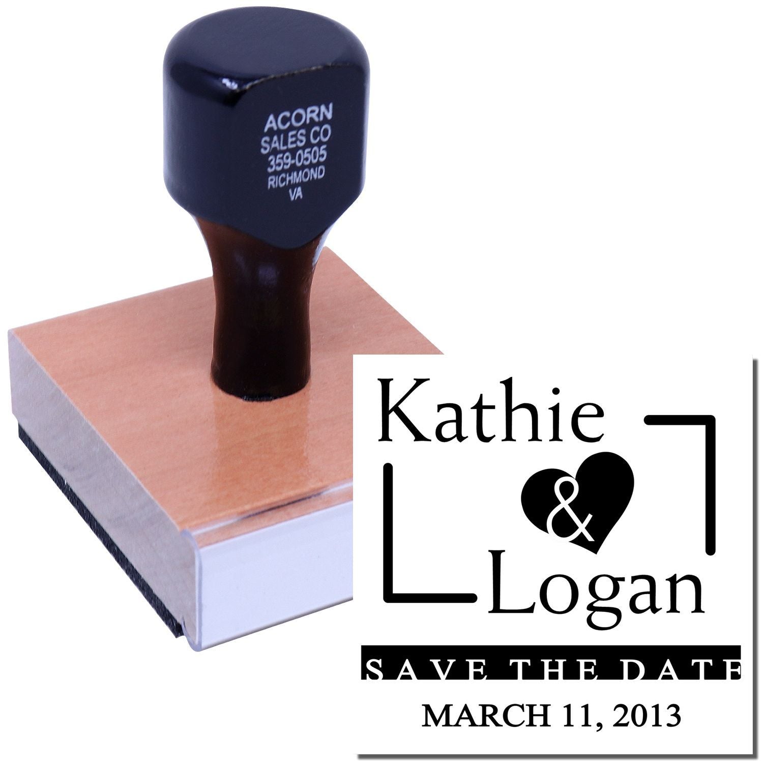 Custom wedding rubber stamp for Kathie and Logan save the date, with hearts and March 11, 2013 date.