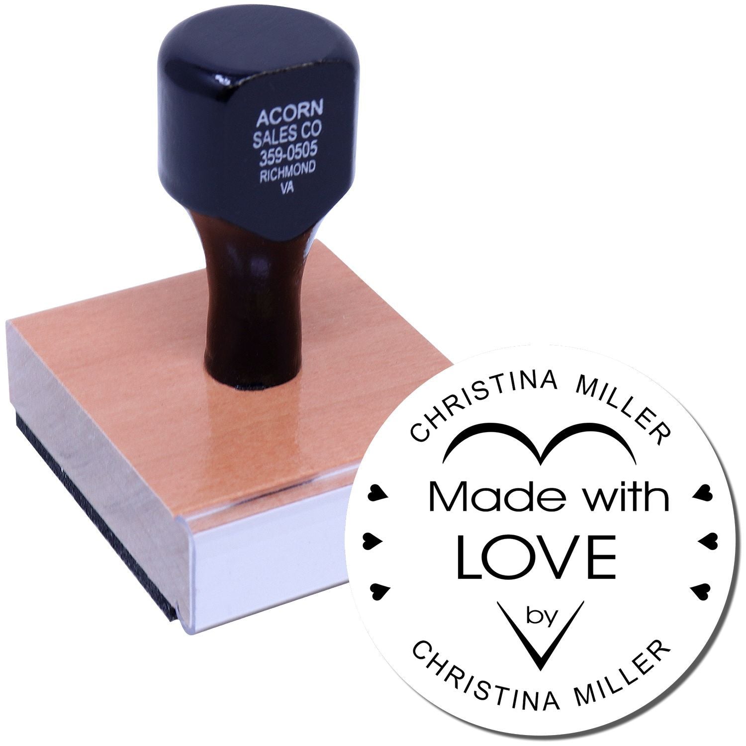 Custom rubber stamp with Made with Love by Christina Miller design for handmade branding and packaging.