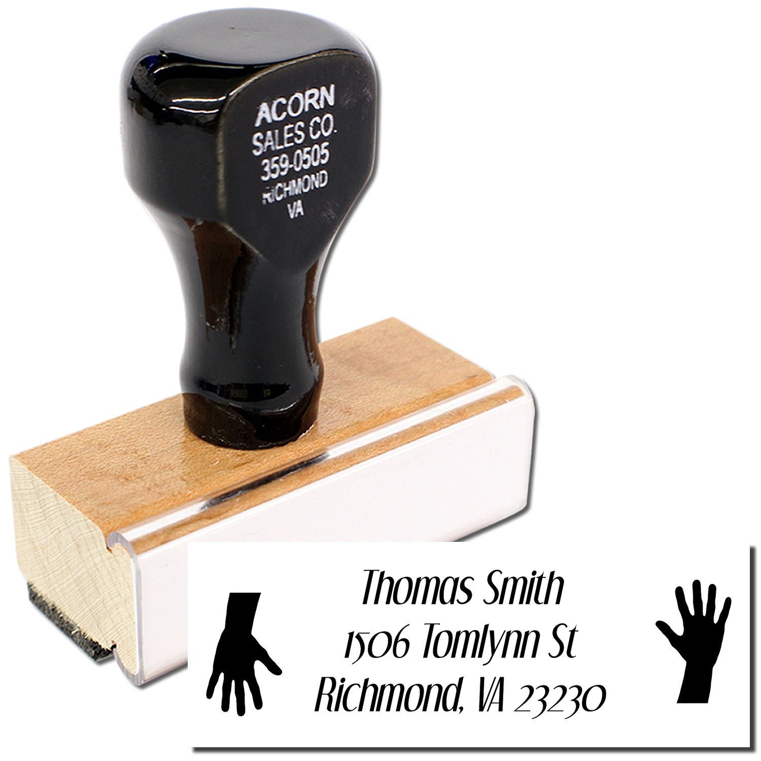 Custom wood handle rubber address stamp with hands icon and Thomas Smith Richmond, VA return address.
