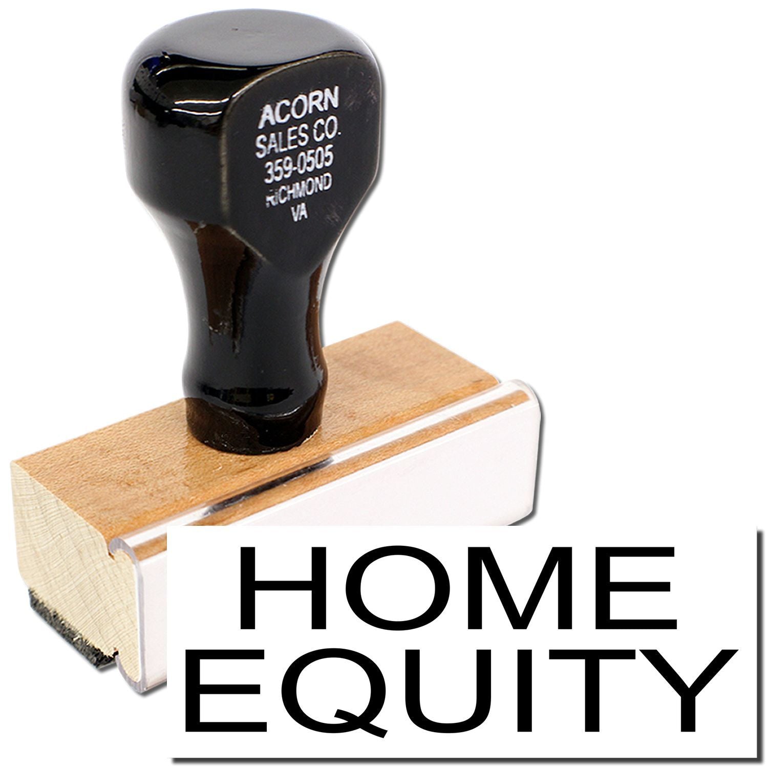 Home Equity promotional product image featuring black Acorn Sales Co. rubber knob on wooden base for sale identification label.