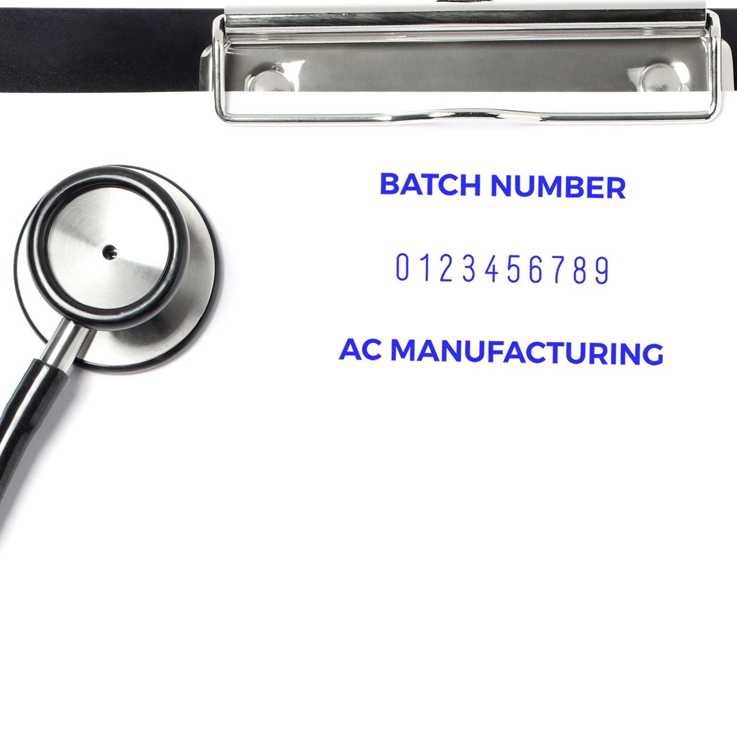 AC Manufacturing batch number label with code 0123456789 for product traceability, quality control, and manufacturing tracking.