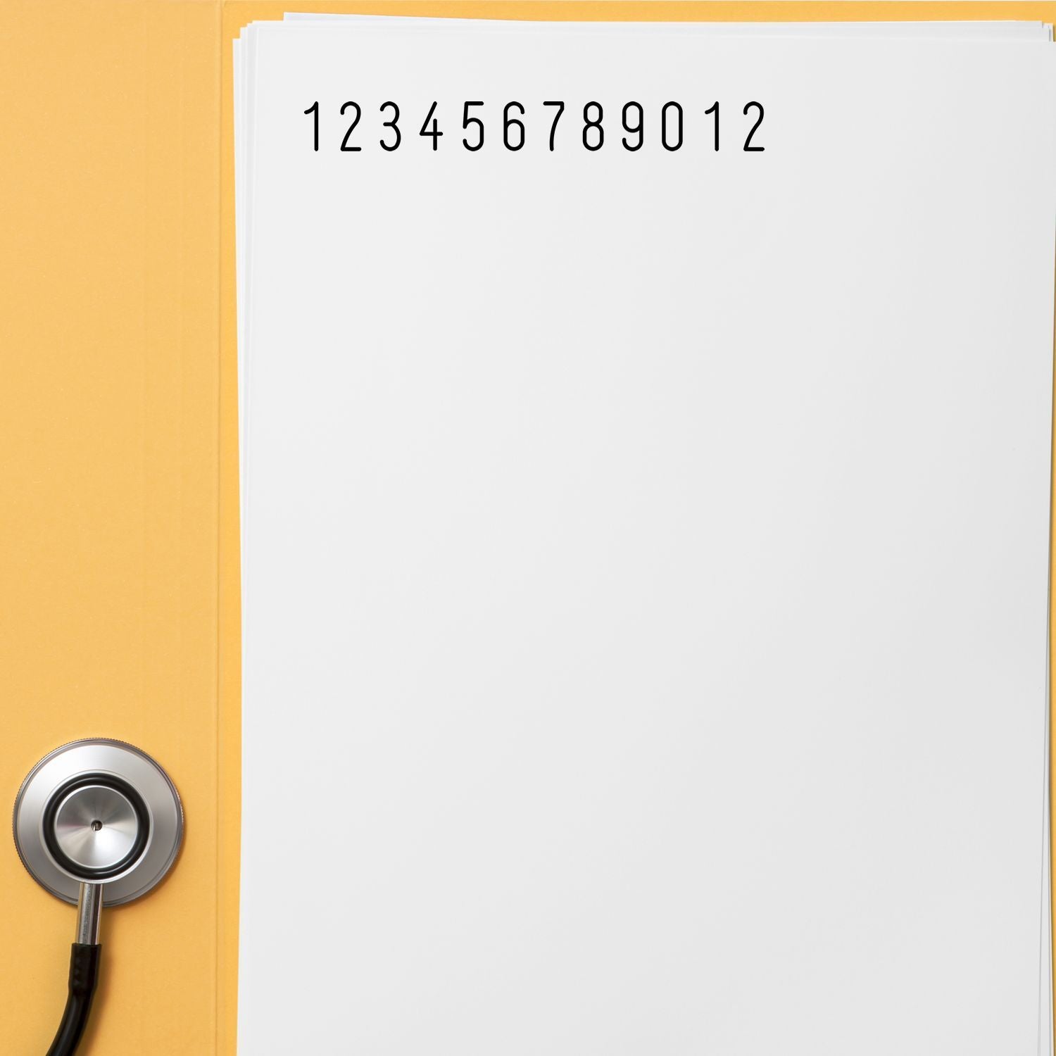 Stethoscope beside a card showing 123456789012, symbolizing healthcare data and medical record numbering.