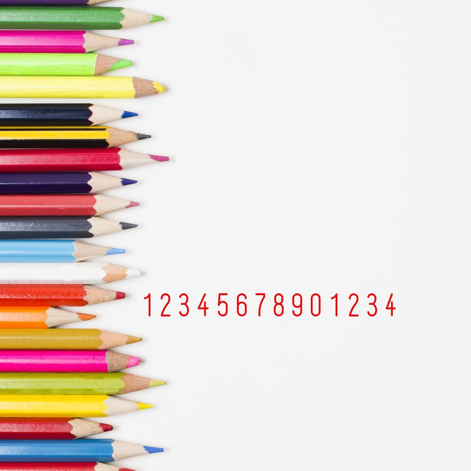 Colorful pencils beside a red number sequence 12345678901234, ideal classroom math practice and educational learning visual for kids.