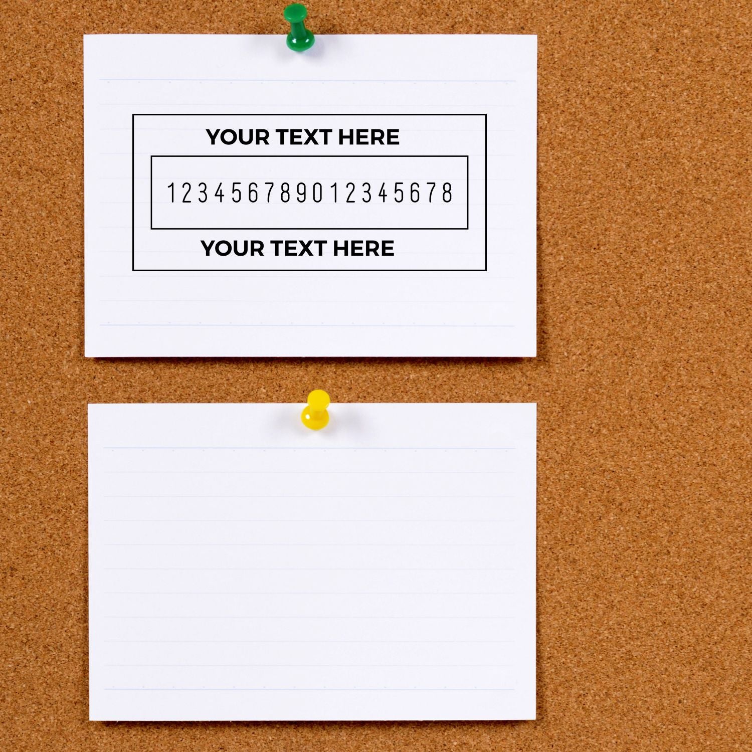Corkboard with pinned note template showing YOUR TEXT HERE and number placeholder, ideal for custom message, flyer or contact details.