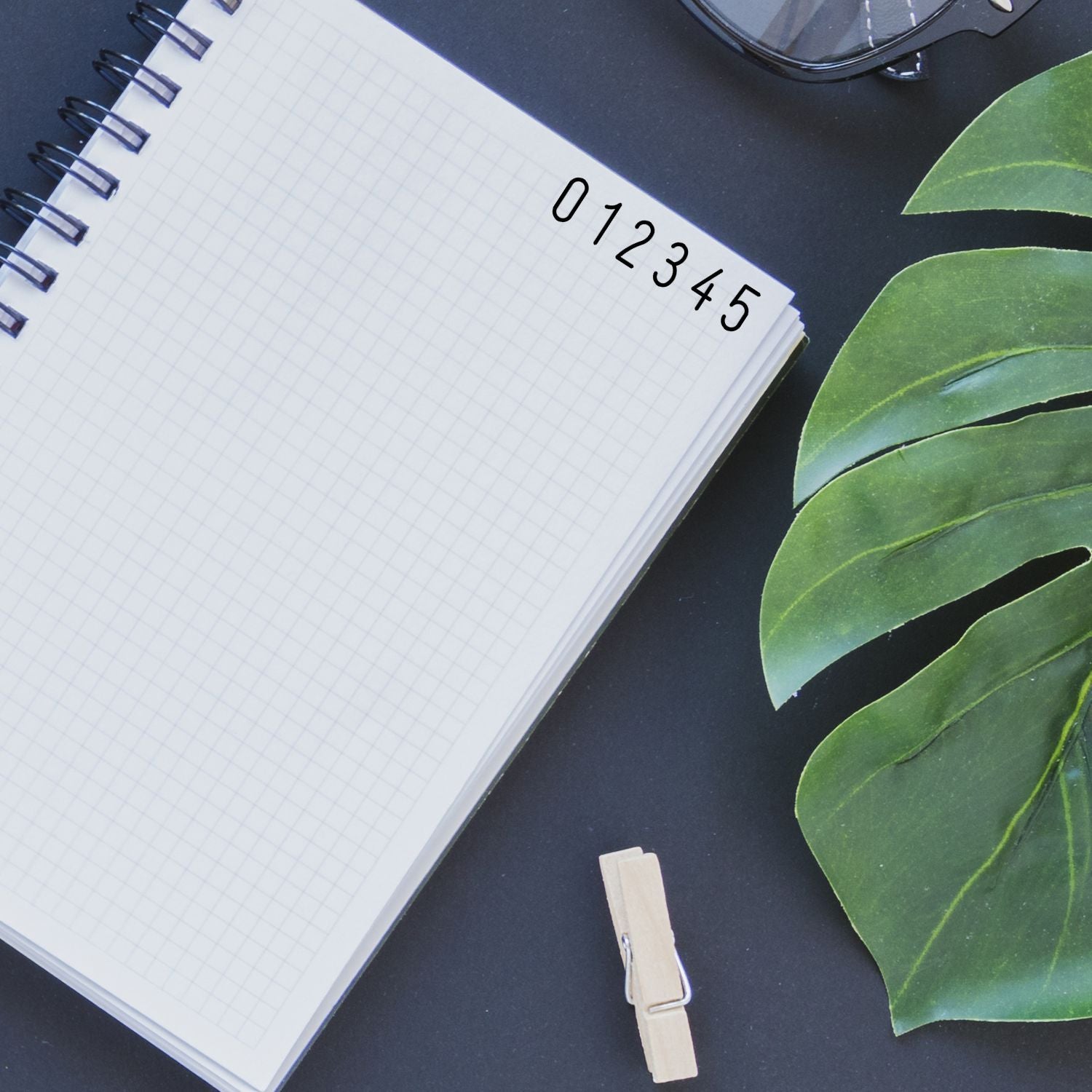 Minimalist notebook mockup with grid paper, glasses, green tropical leaves, and clothespin on a dark desk.