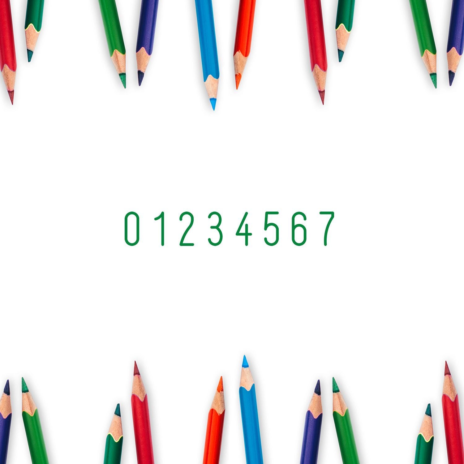 Colorful pencil tips framing green numbers 0 to 7 on a white background, school supplies concept.
