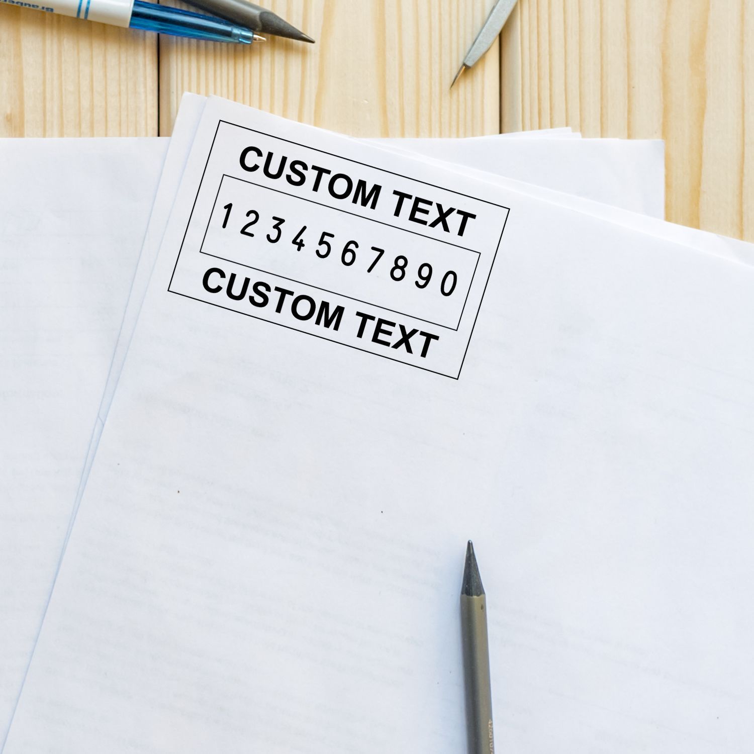 Custom text template label with numbers 1234567890 on paper, showing placeholder text for document design and printing.