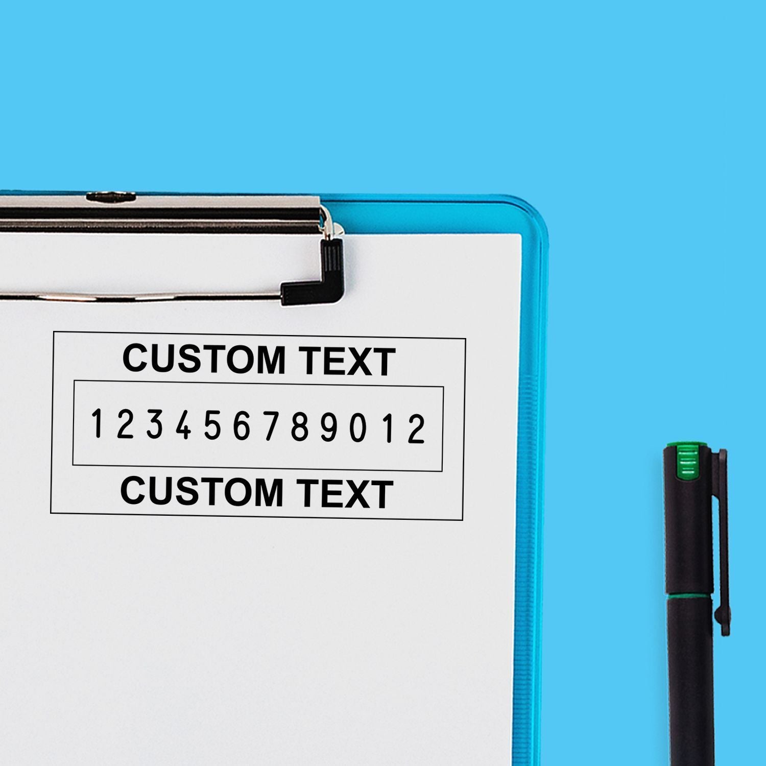 Blue notepad with printed custom text and number fields, showing a customizable template beside a marker pen for personalization.