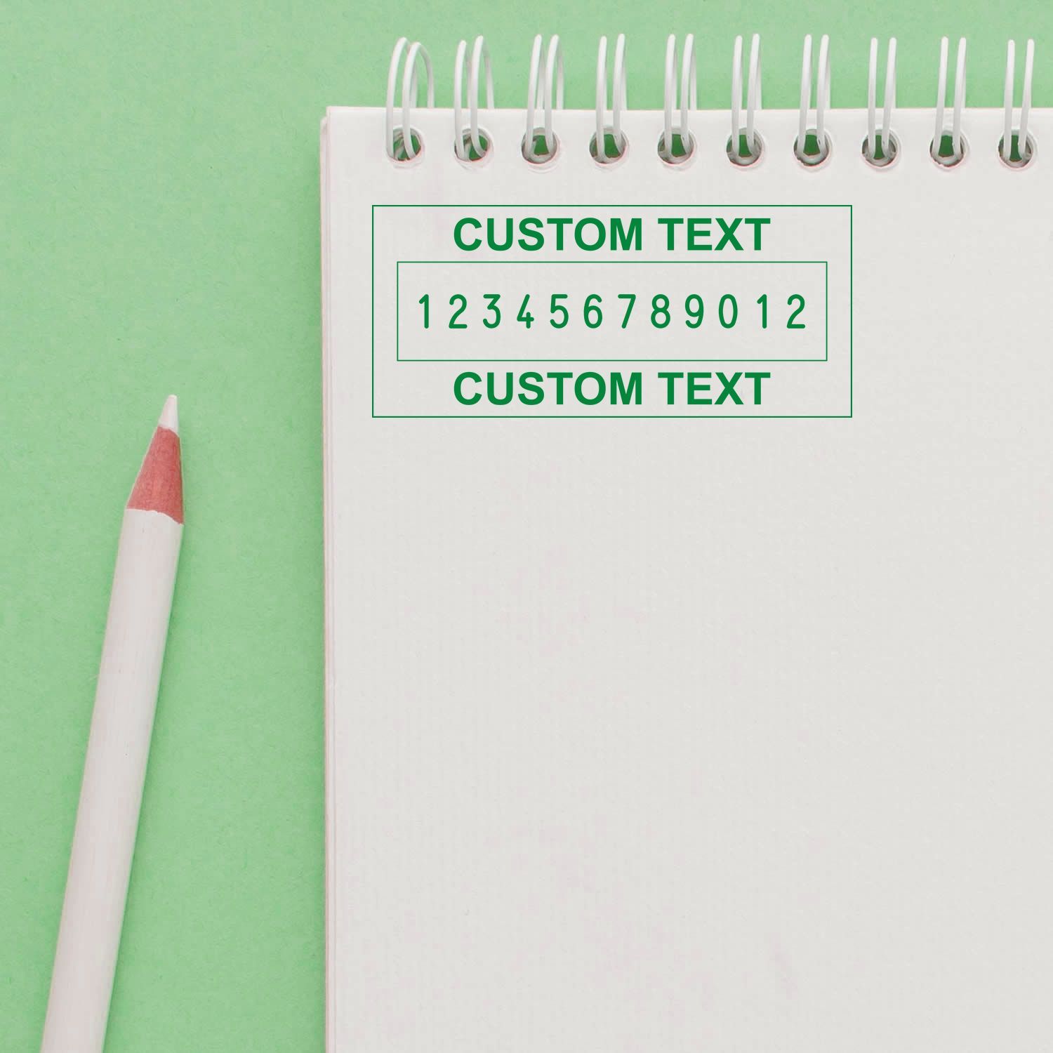 Personalized notebook with custom text and number sequence 123456789012, ring-bound template for branding and stationery printing on green background.