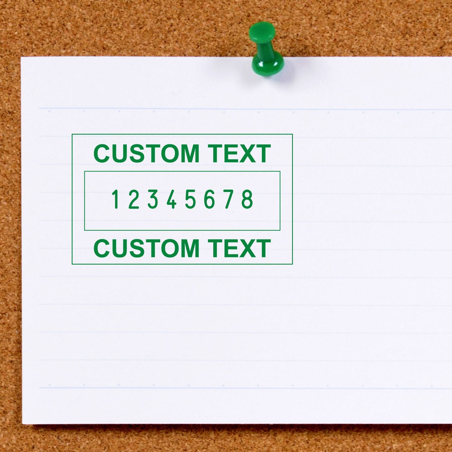 Custom text label pinned on corkboard with green stamp and numbers 18 for organizing notes and lists.