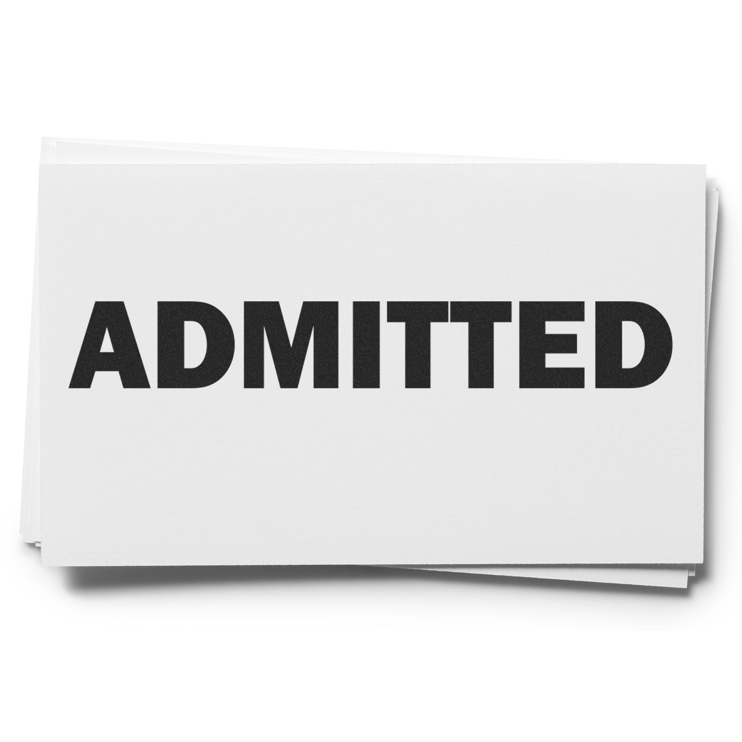 Stack of white admission cards with bold black ADMITTED text on a clean background.