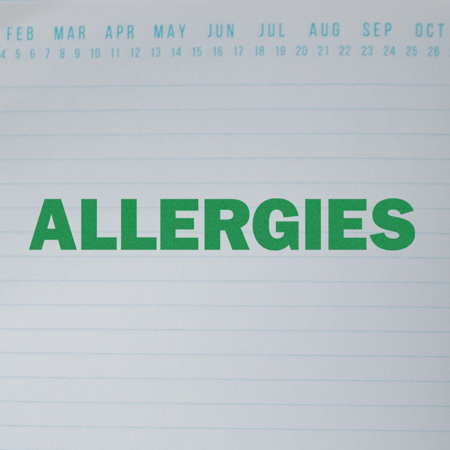 Allergies reminder on a monthly planner page with months listed, highlighting allergy tracking and seasonal symptom management.