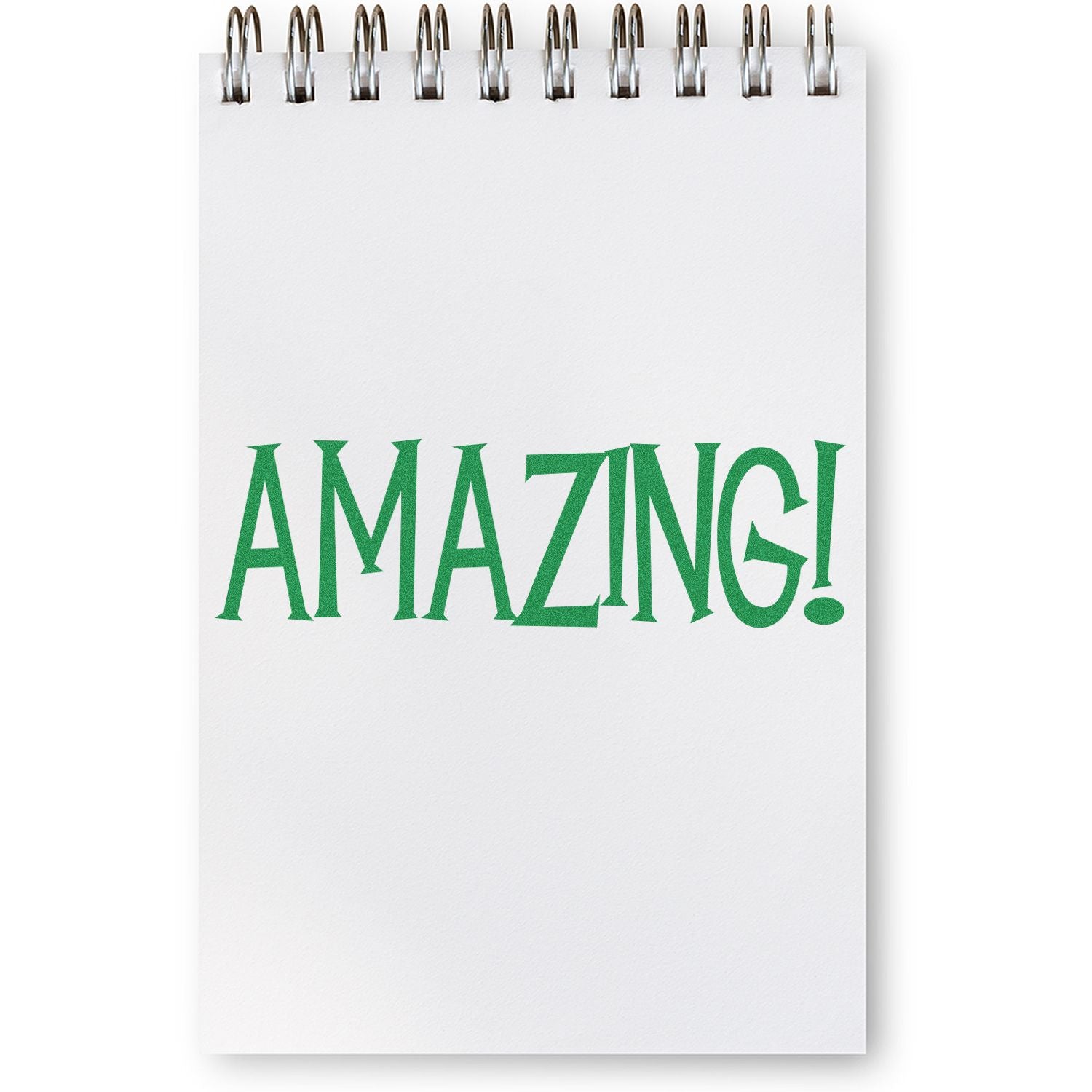 White spiral notebook with green AMAZING! text, motivational school or office planner for notes and organization