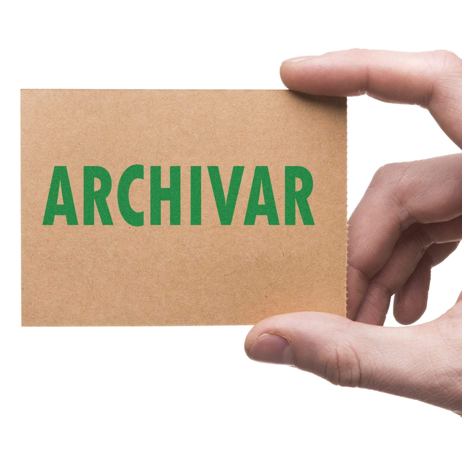 Hand holding a card with the word ARCHIVAR, representing document archiving and file storage.