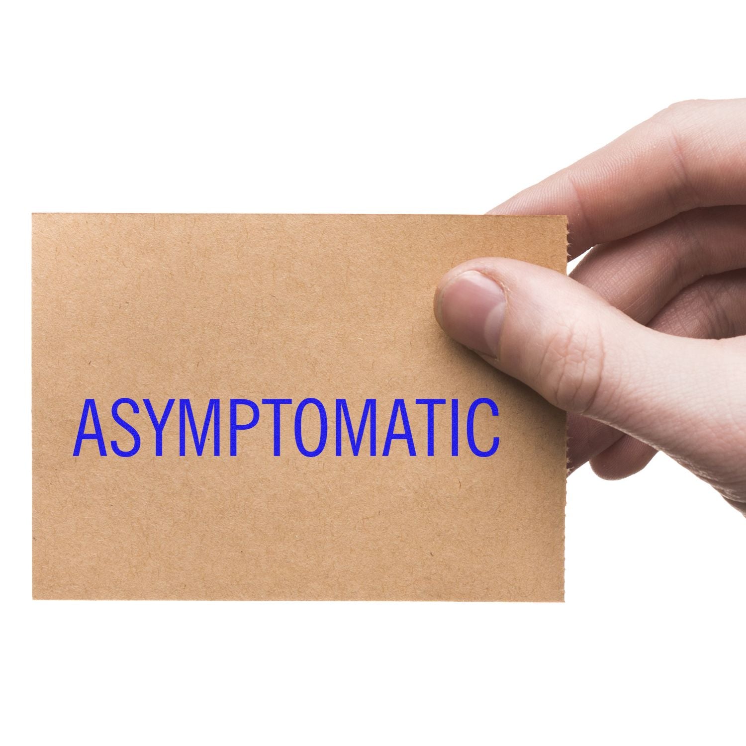 Hand holding a brown cardboard sign labeled ASYMPTOMATIC, promoting awareness of an asymptomatic, symptom-free health condition.