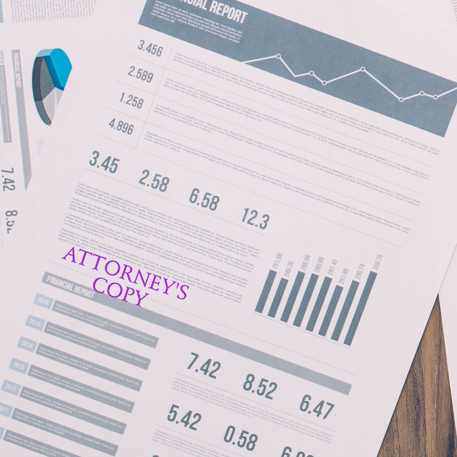 Attorneys copy financial report page with bar and line charts, highlighted figures, and key metrics for legal review
