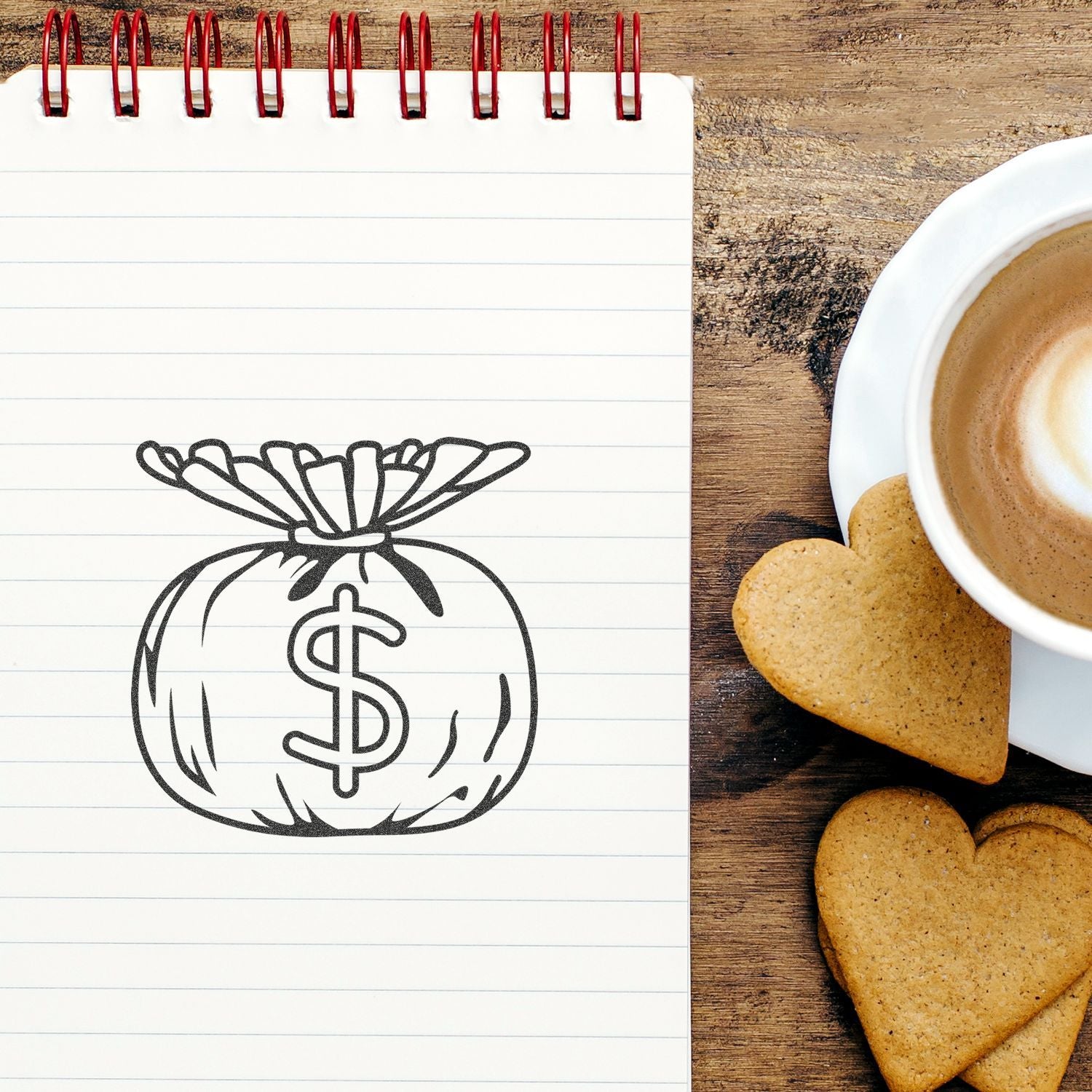 Notebook with money bag icon, coffee cup, and heart-shaped cookies on rustic wooden table, business finance concept.