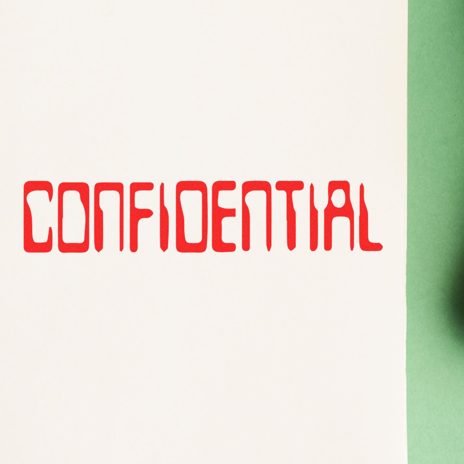 Red CONFIDENTIAL text on a white document with a green edge, close-up of a private file or envelope.