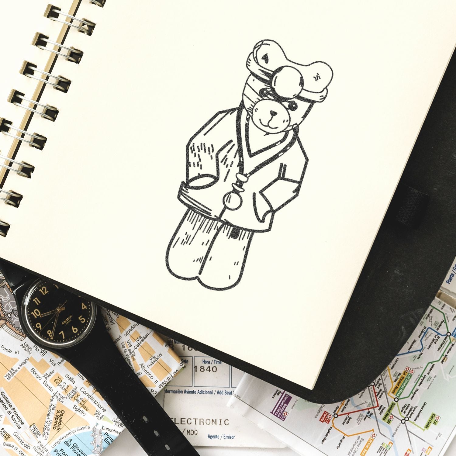 Hand-drawn bear illustration in a spiral sketchbook on top of travel maps and a wristwatch, creative notebook art.