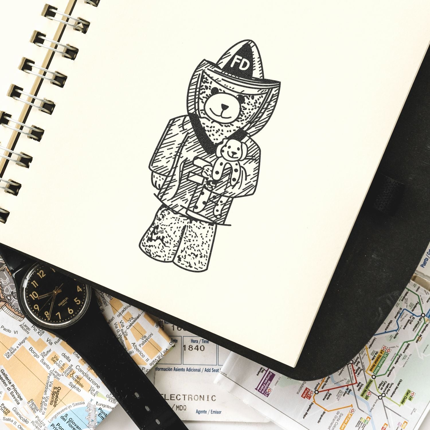 Hand-drawn firefighter teddy bear illustration in a spiral notebook on a travel map background with watch and camera strap.