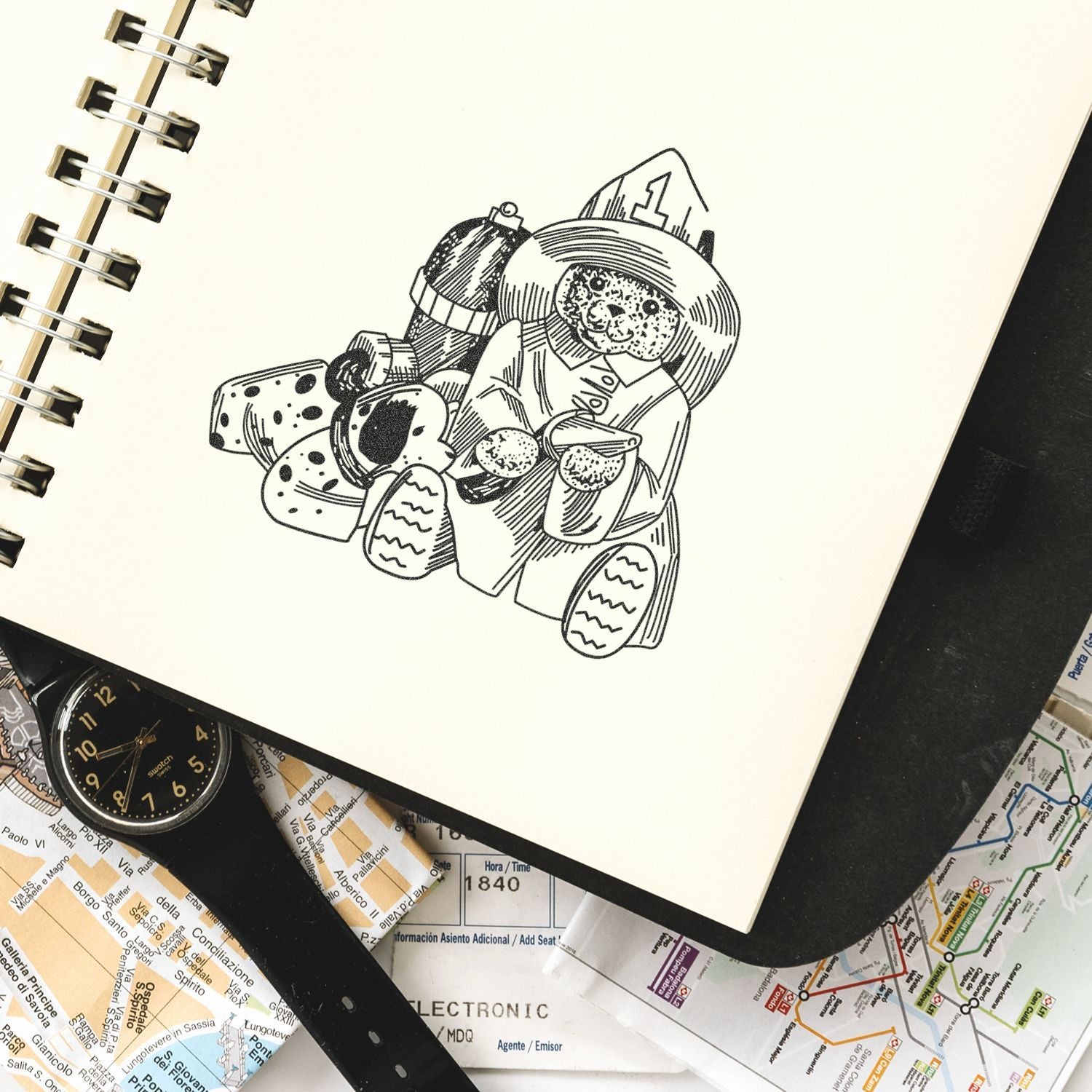Black ink sketch of a teddy bear in a hat drawn in a spiral notebook on a desk with maps and a wristwatch.