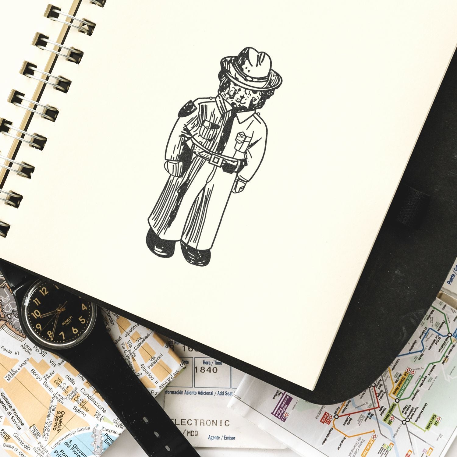 Black-and-white cowboy illustration in a spiral notebook, surrounded by a watch and travel maps.